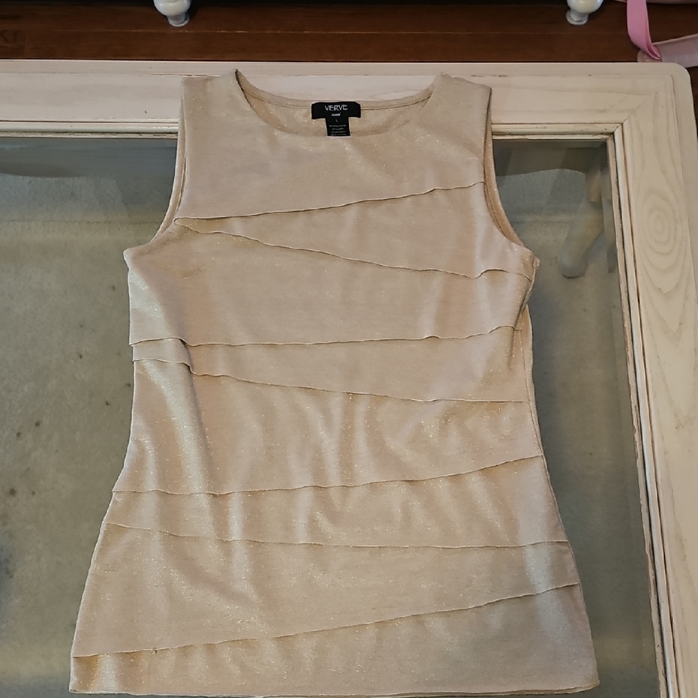 Shimmering Gold Tank Top with Elegant layers creating a flattering fit!